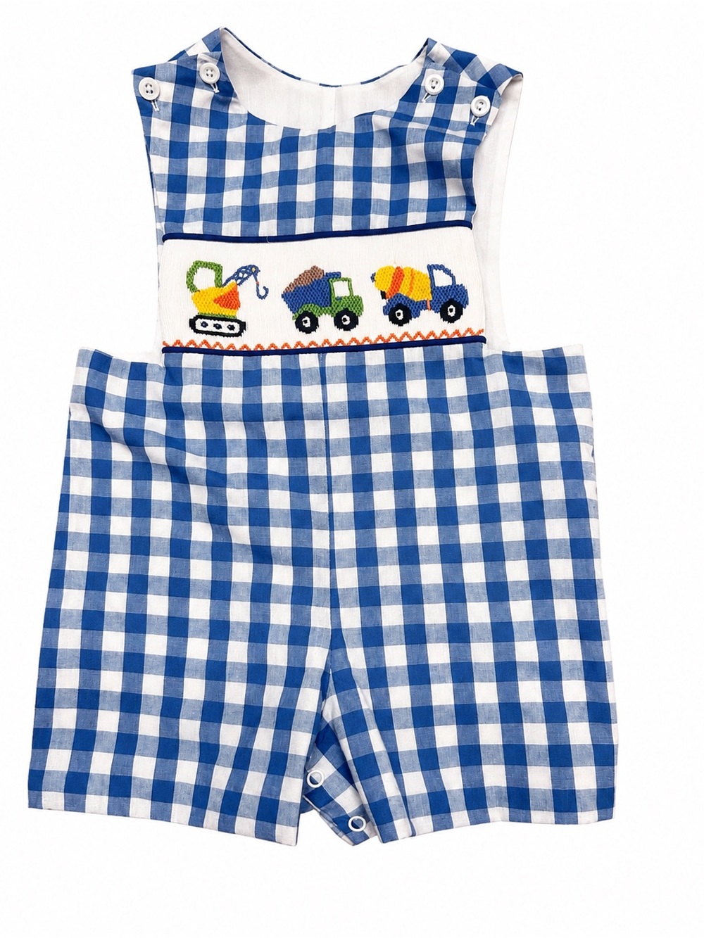 Blue Gingham Smocked Construction Truck One-Piece Romper